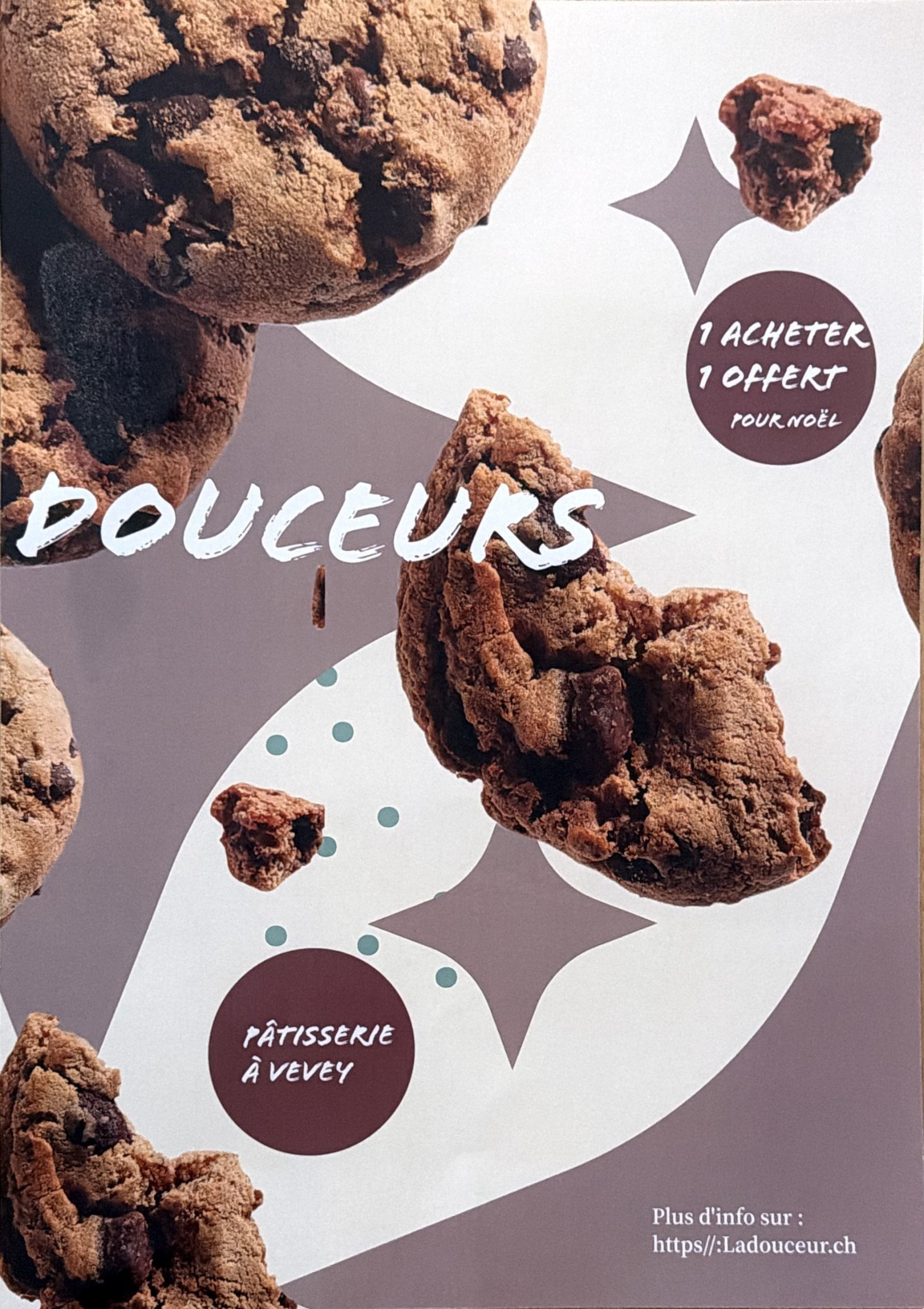 Affiche « Douceurs » : des cookies au chocolat flottent sur un fond mauve et crème, avec une offre de Noël et la mention Pâtisserie à Vevey